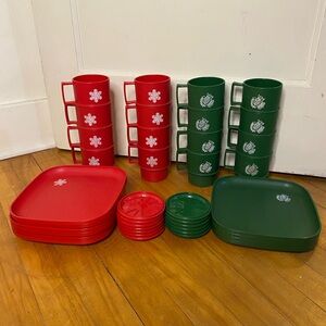 Vtg Tupperware Christmas Holiday Plate Mugs Cup Coaster Green Red Dinnerware Set
